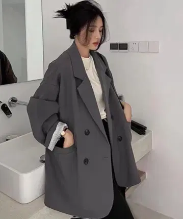 오버 사이즈 더블 브레스트 자켓 그레이
