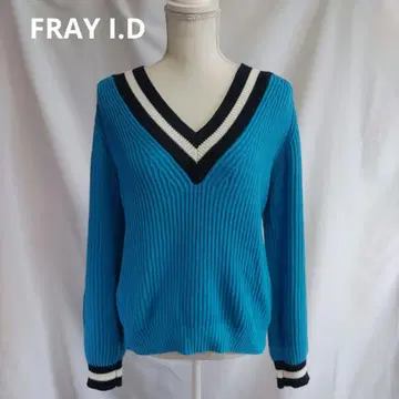 FRAY I.D V넥 넥라인 니트 풀오버 파랑 긴팔 스웨터