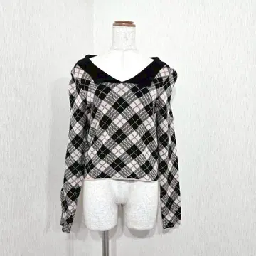 GRL 아가일 무늬 오프숄더풍 니트탑 (F) 블랙 x 베이지