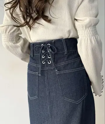 JUNOAH 백 레이스업 롱 데님 스커트