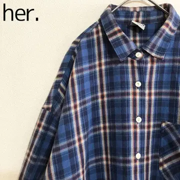 루즈 실루엣 her. 하 오버 체크 고양이 눈 버튼 코튼 셔츠