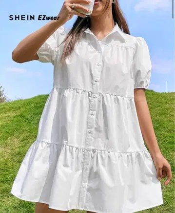 SHEIN 화이트 티어드 셔츠 드레스 반팔