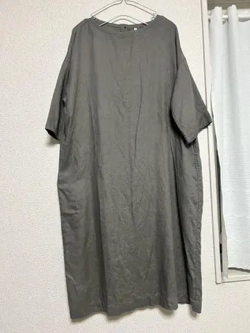 무인양품 린넨 100% 그레이 반팔 롱 원피스 S
