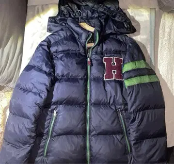 네이비 다운 자켓 H 자수 후드 부착