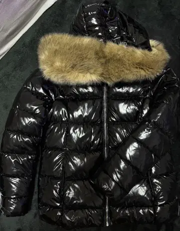 인조 모피 후드 다운 자켓 광택 블랙 방한