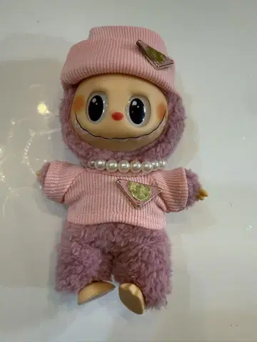 LABUBU 라브부 17cm 핑크 니트 진주 목걸이 모자 3종 세트