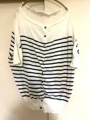 제인 마플 스트라이프 반팔 가디건 카라 레이스 부착