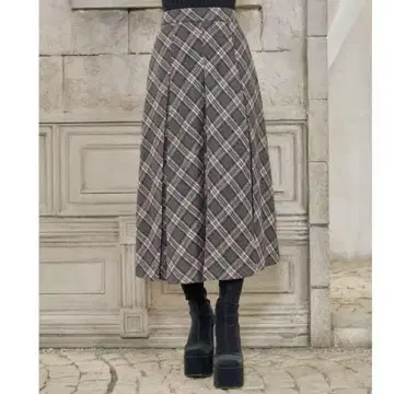 다리치 멀티 컬러 체크 미디 스커트 차콜 그레이 S