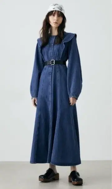 MOUSSY 데님 롱 원피스 프릴 옷깃 맥시 드레스