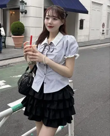 OLIVE des OLIVE Keru 리본 블라우스 그레이 스트라이프