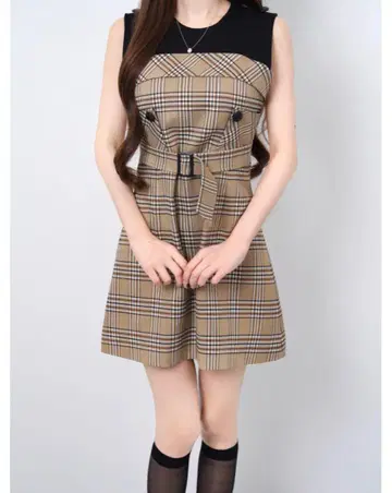 루미뇽 레이어드 체크 벨트 드레스 카멜