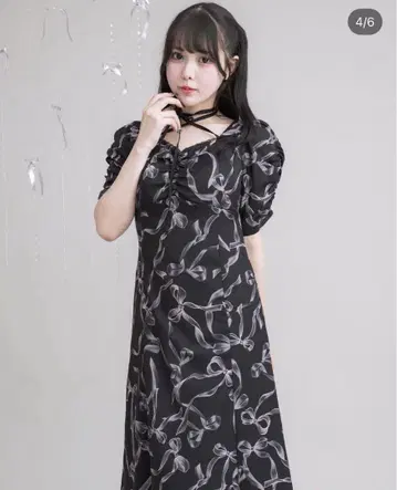pium 피 리본 무늬 롱 원피스 블랙