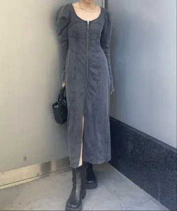 리엔다 그레이 데님풍 롱 드레스 퍼프 슬리브