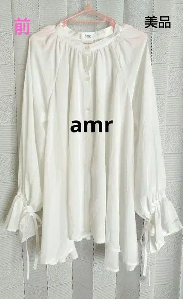새상품급 amr 아뮤레 긴팔 블라우스 프릴 리본 캔디 플레어 화이트 F