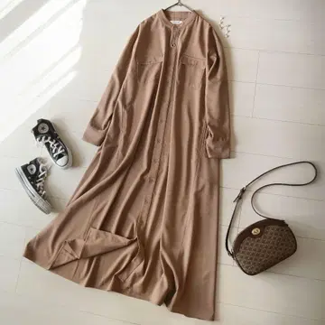 가을 카멜 베이지 어반 리서치 밴드 카라 포켓 롱 셔츠 원피스 새상품급