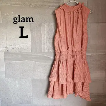 glam [ L ] 오렌지 프릴 슬리브리스 원피스 하이넥 무릎 기장