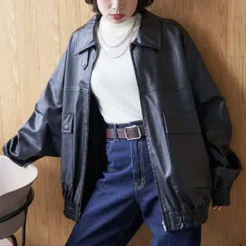 빈티지 가공 인조 가죽 블루종 블랙