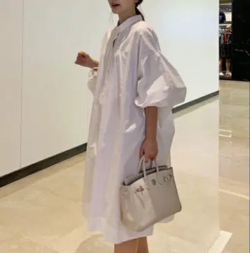 밴드 카라 볼륨 슬리브 롱 원피스 노카라 셔츠 원피스
