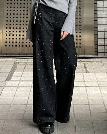 클리어 큐빅 장식 빈티지 와이드 데님 팬츠