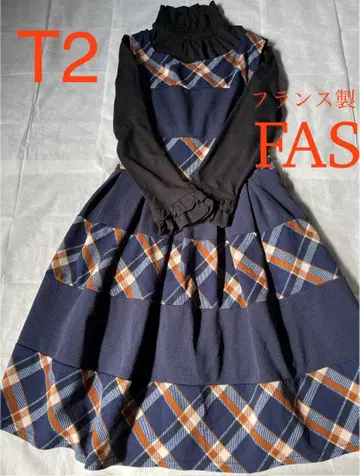 프랑스제 FAS 네이비 계열 체크 무늬 스트레치 원피스 ML 사이즈