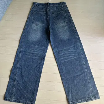 비즈 장식 다크 블루 데님 와이드 레그