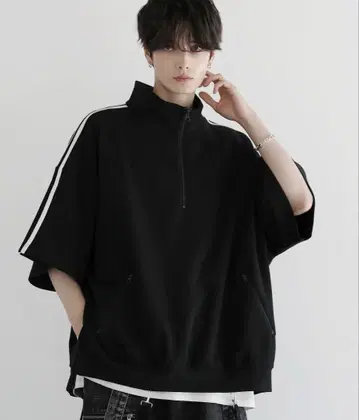 루즈 실루엣 코튼 분또 드레이프 트랙 하프 지퍼 반팔 풀오버