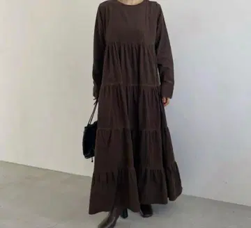 윌프리 카키 코듀로이 티어드 롱 원피스 긴팔