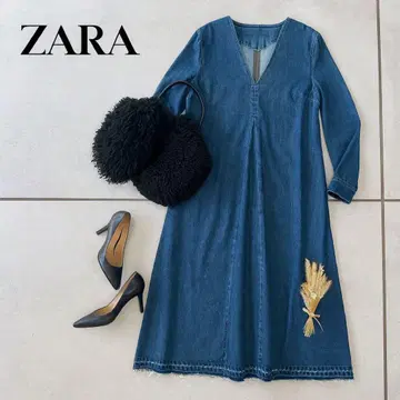 자라 ZARA 데님 롱 원피스 커팅 마감 프린지 헴 M