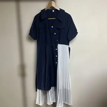 네이비 셔츠 원피스 플리츠 반팔