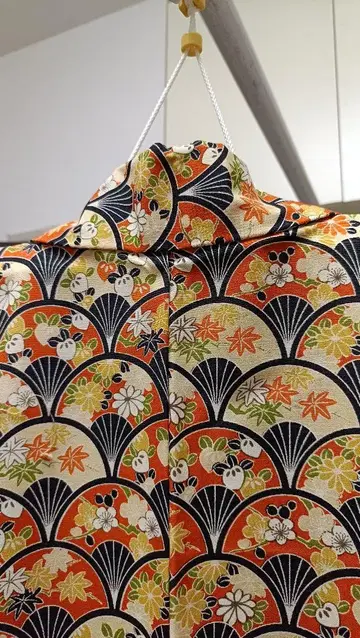 코몬 기모노 부채 무늬 오렌지 블랙