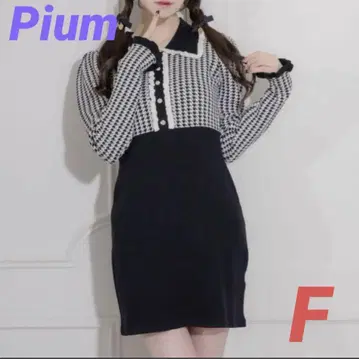 pium 프릴 칼라 하운드투스 체크 패턴 니트 원피스 F
