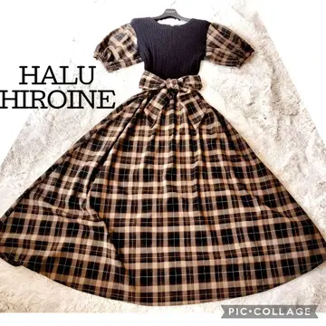 HALUHIROINE 니트 콤비 원피스 체크 리본 퍼프 소매 블랙 브라운