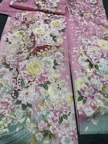 깔끔! 후리소데 고전 핑크 나비 자수 반짝반짝 L 사이즈