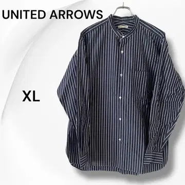 유나이티드 애로우즈 [ XL ] 긴팔 스트라이프 노카라 셔츠 네이비 계열