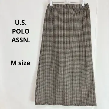 유에스폴로애슨 롱 스커트 M 하운드투스 패턴 브라운 허리밴딩