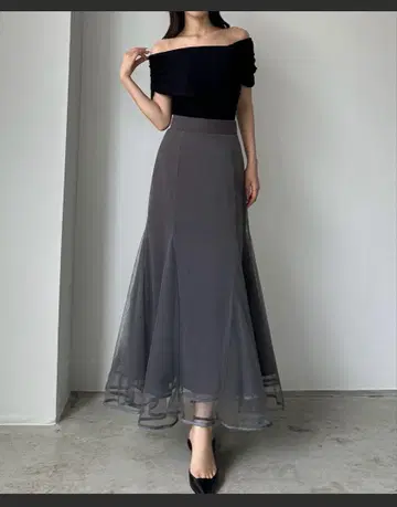 그레이 쉬폰 플레어 롱 스커트 Louere