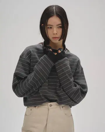 todayful 보더 롱 티셔츠 그레이