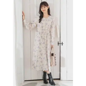 어깨 프릴 원피스 꽃무늬 베이지
