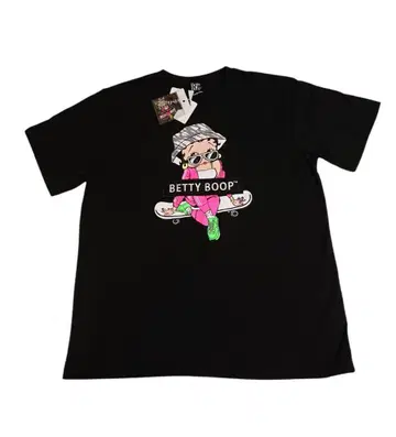 BETTY BOOP 자수 T셔츠 블랙 L 사이즈 아크릴 키링 포함