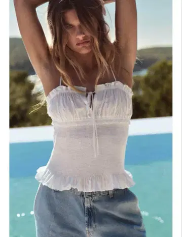 ZARA 택 포함 새상품 리본 포함 프린트 팝 탑
