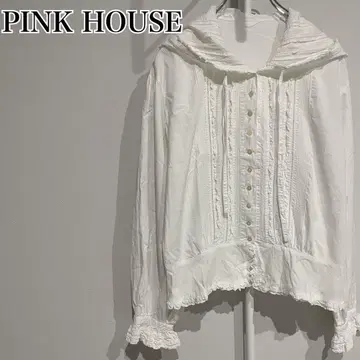 PINK HOUSE 블라우스 셔츠 긴팔 후드 부착 프릴 화이트