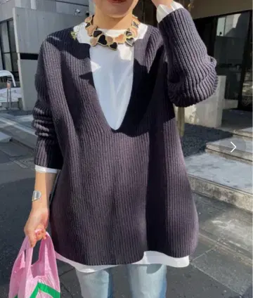 SHENERY 긴팔 깊은 V넥 니트 네이비 루즈핏