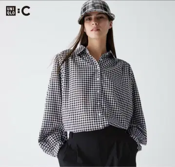 택 포함 새상품 유니클로C 시어 볼륨 체크 블라우스 XL