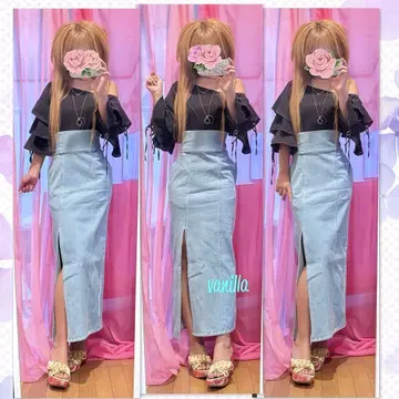 볼륨 슬리브 오프숄더 탑 슬릿 데님 스커트 언니 갸루 코디