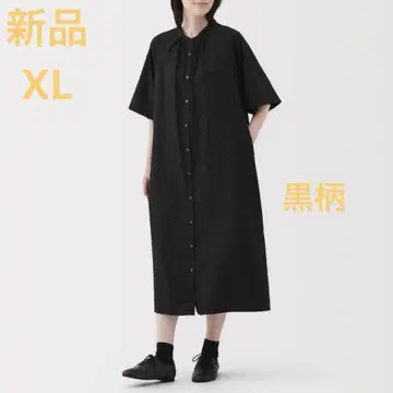 MUJI 매끄러운 리오셀 혼방 칠부 소매 원피스 여성 XL 블랙 패턴