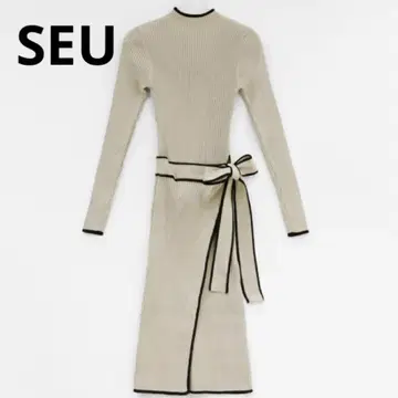 SEU 에스이유 랩 스타일 리브 롱 원피스 보틀넥 베이지 한국