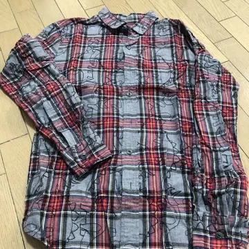 남성용 긴팔 공룡 총자수 체크 셔츠 (빨간색/그레이)