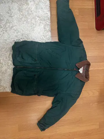 90s 다크 그린 다운 자켓 브라운 카라 부착