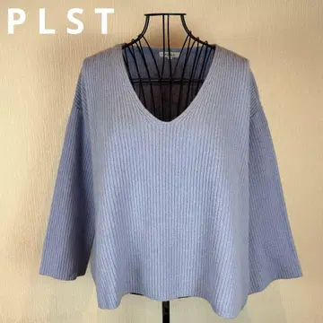 P L S T 플라스테 M 스카이블루 V넥 리브 니트 스웨터 울 혼방