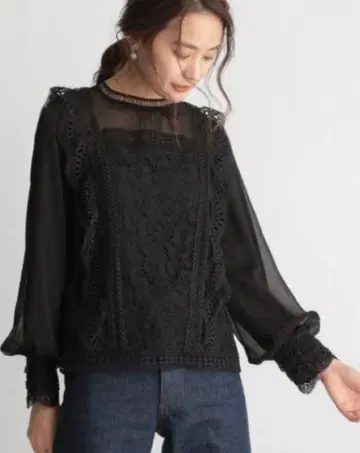 Andemiu 레이스 블라우스 블랙 프리 사이즈